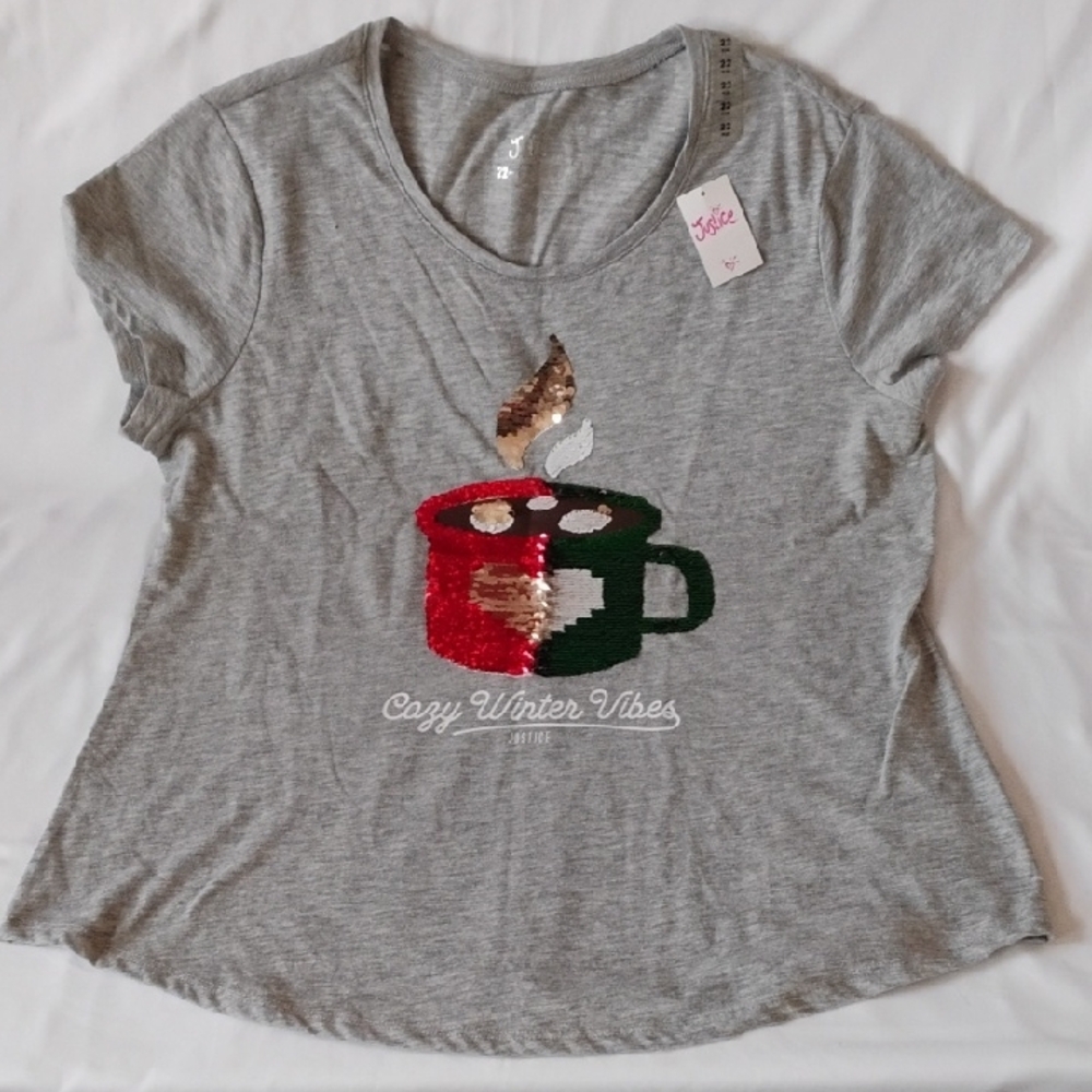 Justice Gray Tee with Sequin Mug Design